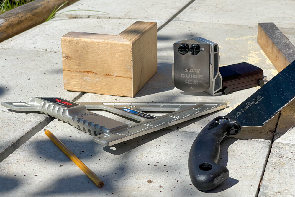 木材を斜め45度にカットする方法　治具 Zソー ソーガイド ベスト 鋸セット、タジマ 丸鋸ガイド モバイル 90-45で試し切り
