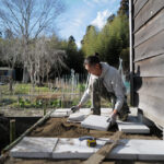 小屋の土留補修 DAY15　小屋前面の土留とコンクリート平板敷き